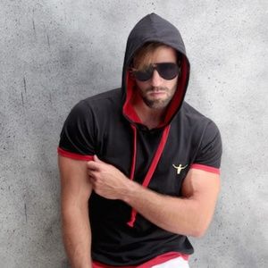 Short Sleeve Red Black Hoodie Men Women Unisex.